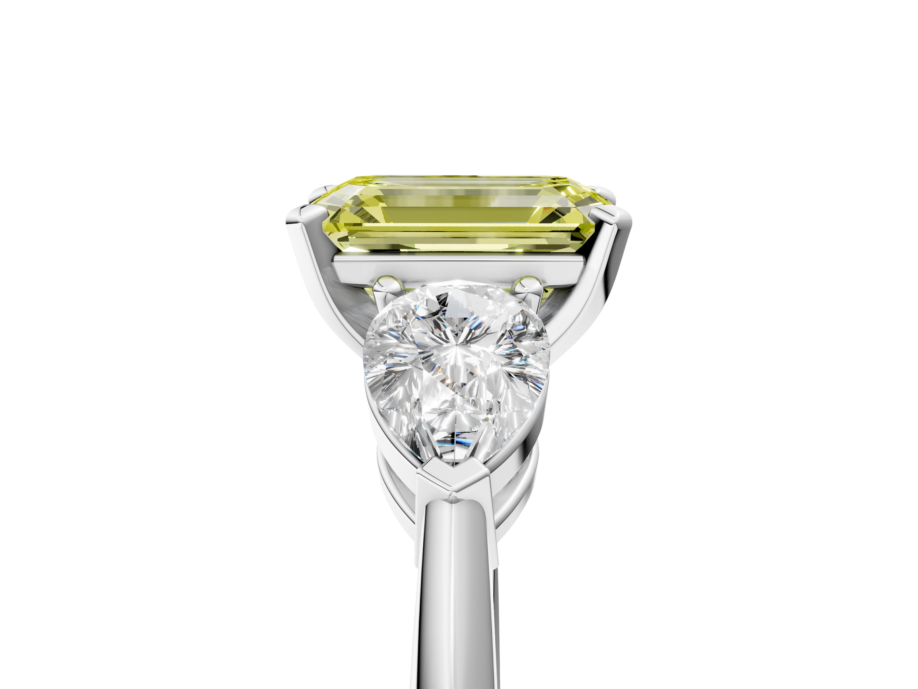 White gold Three-Stone Fancy Yellow Emerald  Diamond Ring with Pear Side Stones in Four-Prong Setting_28