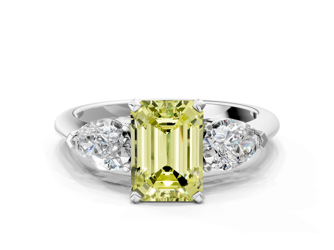 White gold Three-Stone Fancy Yellow Emerald  Diamond Ring with Pear Side Stones in Four-Prong Setting_58