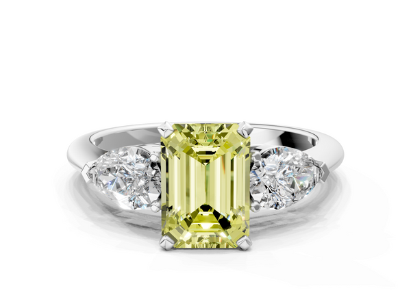 White gold Three-Stone Fancy Yellow Emerald Cut Diamond Ring with Pear Side Stones and Four-Prong Setting