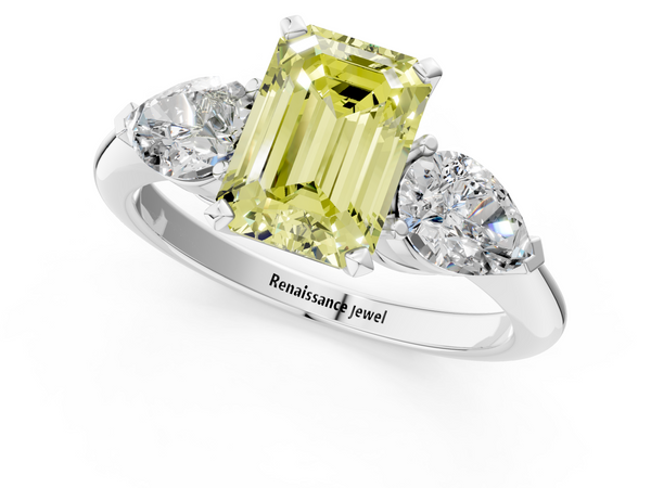 White gold Three-Stone Fancy Yellow Emerald Cut Diamond Ring with Pear Side Stones and Four-Prong Setting