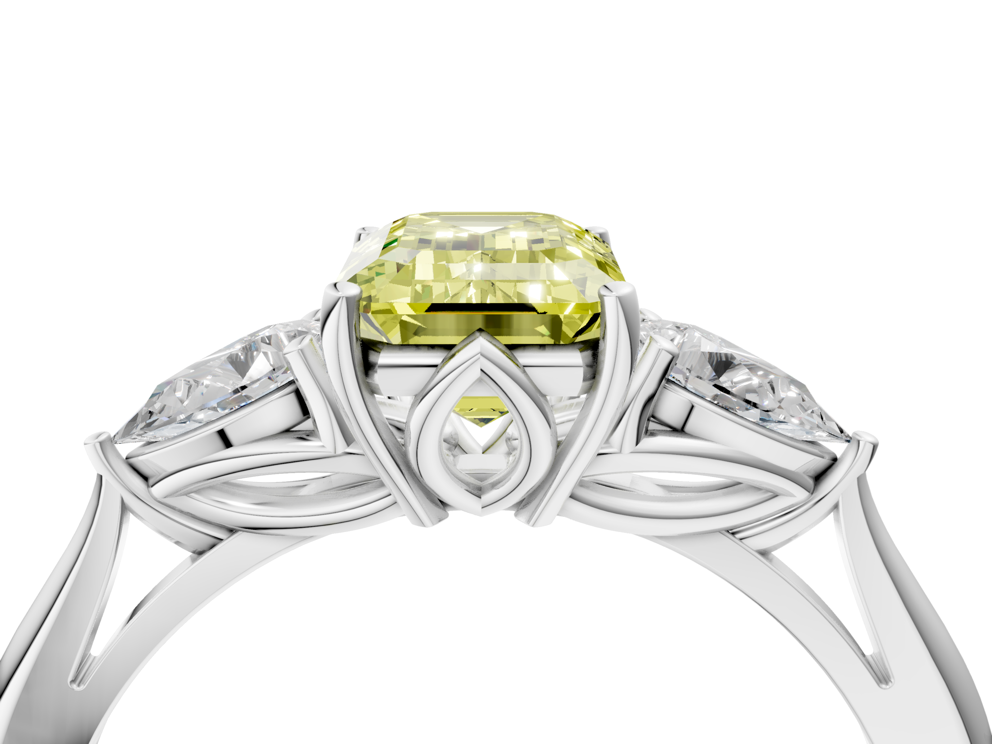 White gold Three-Stone Fancy Yellow Emerald  Diamond Solitaire Ring with Pear Side Stones and Four-Prong Setting_35