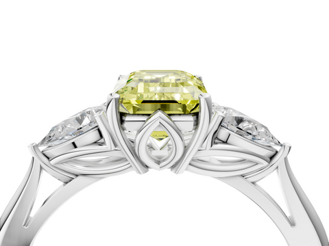 White gold Three-Stone Fancy Yellow Emerald  Diamond Solitaire Ring with Pear Side Stones and Four-Prong Setting_35