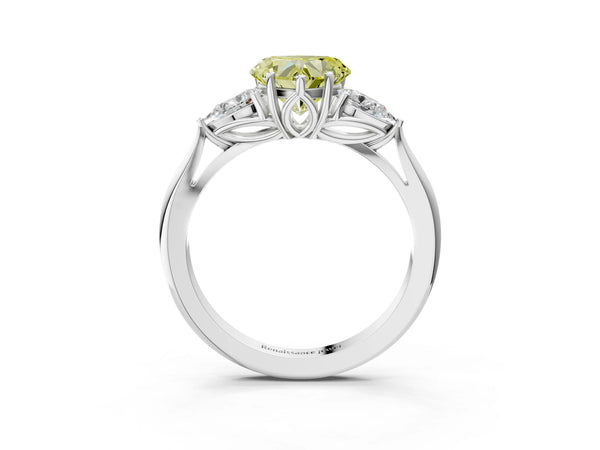White gold Three-Stone Fancy Yellow Heart Cut Brilliant Diamond Solitaire Ring with Tapered Band and Four-Prong Setting