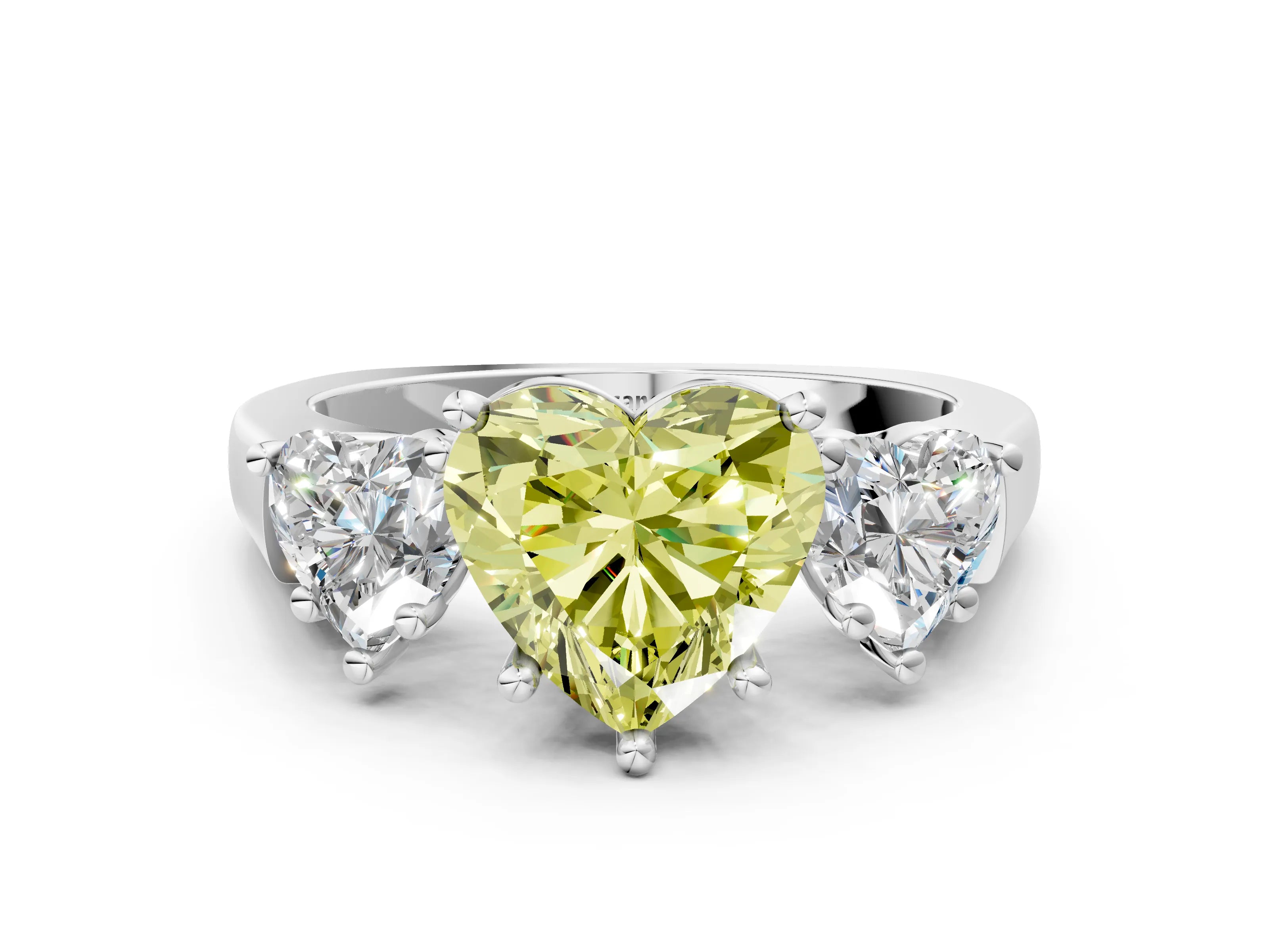 White gold Three-Stone Fancy Yellow Heart Cut Brilliant Diamond Trellis Ring with Comfort Fit Band_12