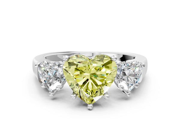 White gold Three-Stone Fancy Yellow Heart Cut Brilliant Diamond Trellis Ring with Comfort Fit Band