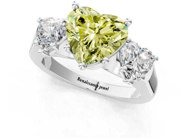 White gold Three-Stone Fancy Yellow Heart Cut Brilliant Diamond Trellis Ring with Comfort Fit Band