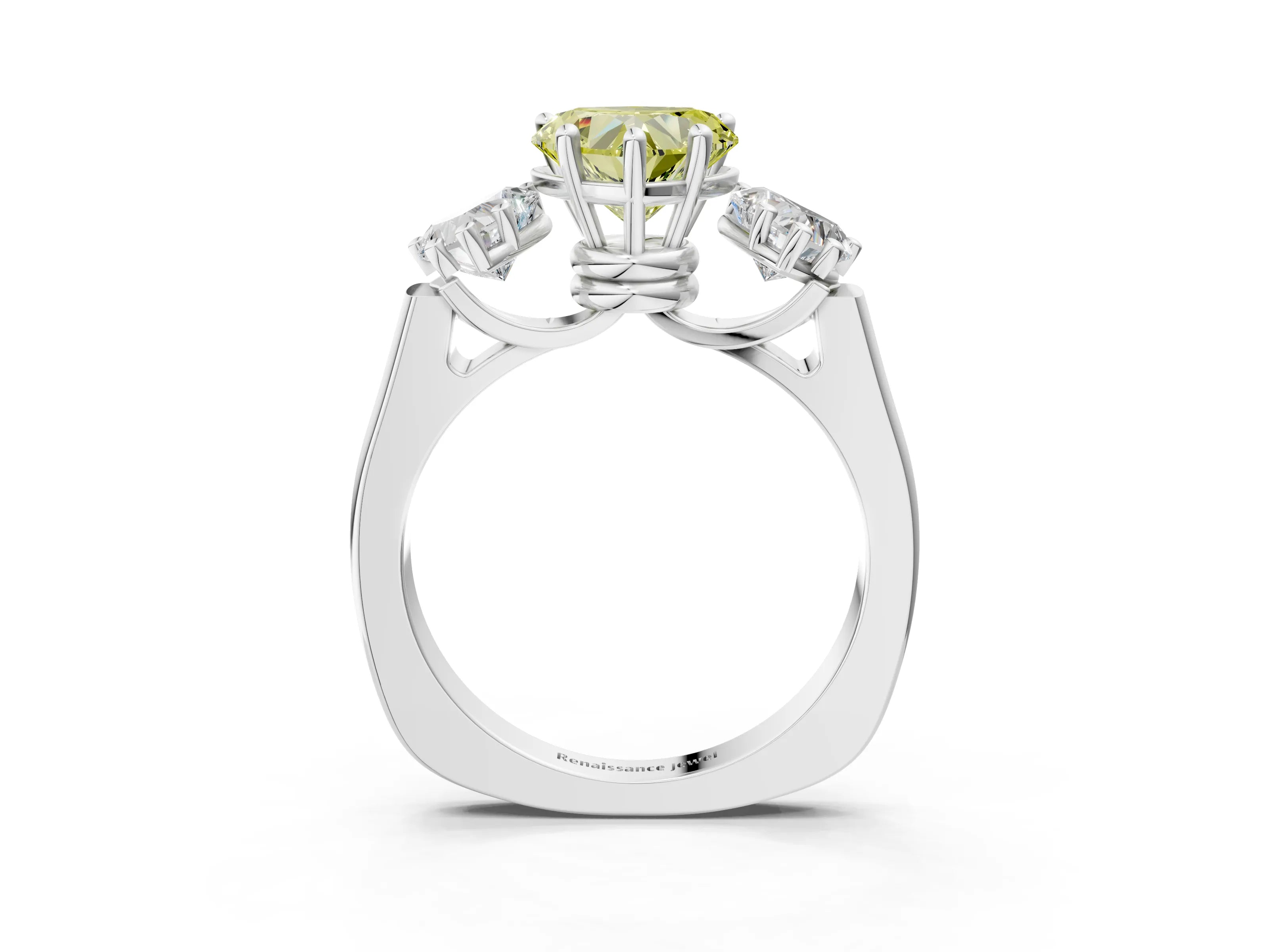 White gold Three-Stone Fancy Yellow Heart Cut Brilliant Diamond Trellis Ring with Comfort Fit Band_15