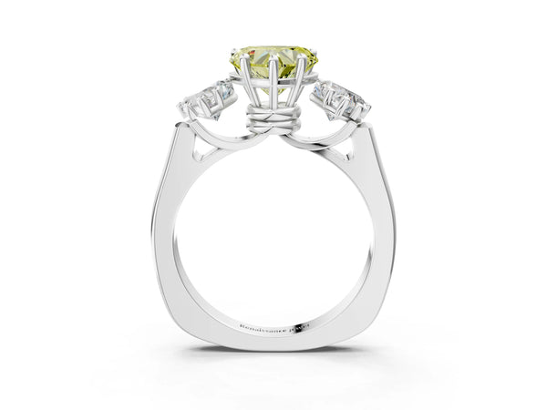 White gold Three-Stone Fancy Yellow Heart Cut Brilliant Diamond Trellis Ring with Comfort Fit Band