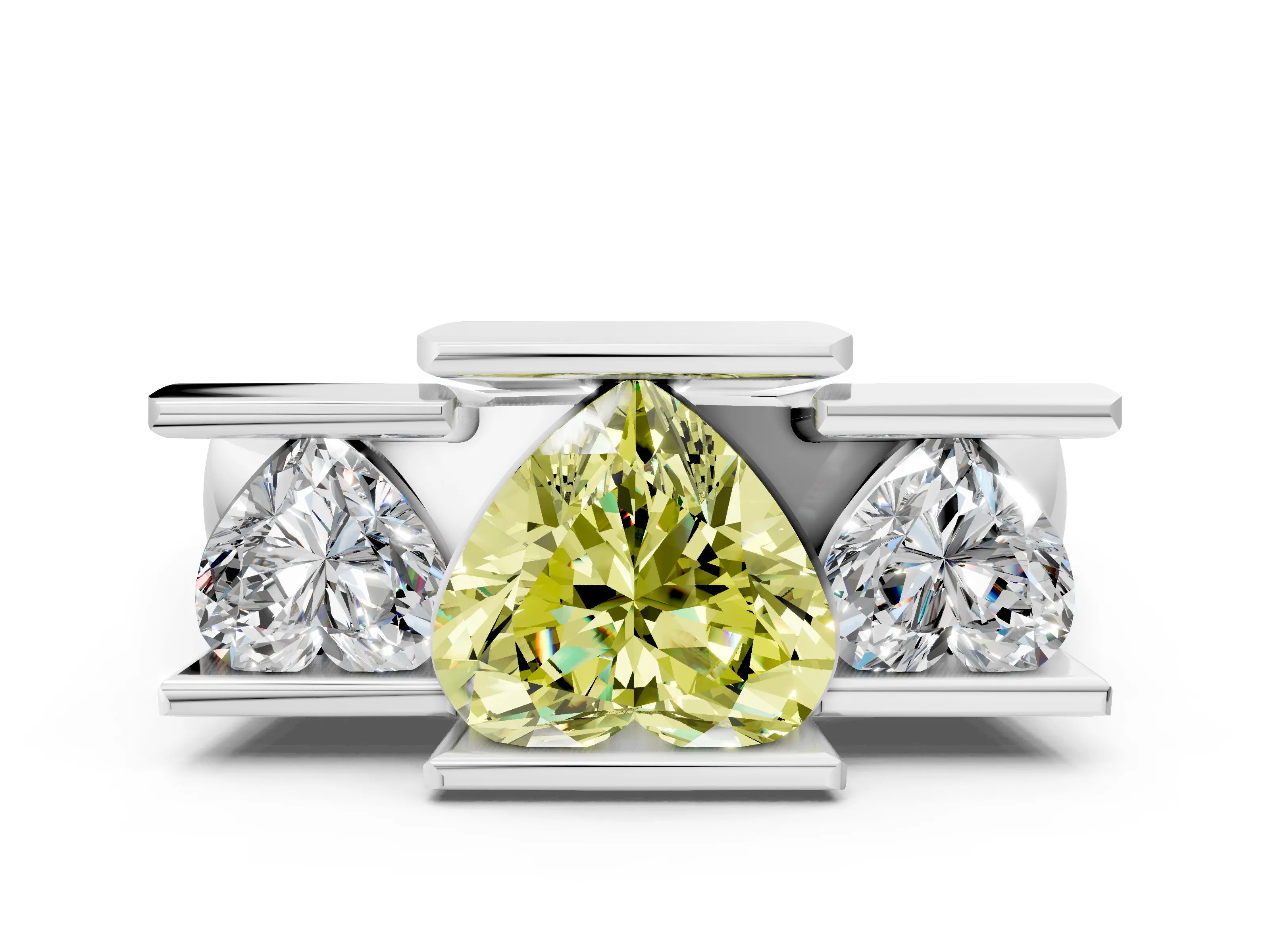 White gold Three Stone Fancy Yellow Heart Cut Cut Channel Set Diamond Ring