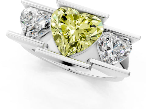 White gold Three Stone Fancy Yellow Heart Cut Cut Channel Set Diamond Ring_1