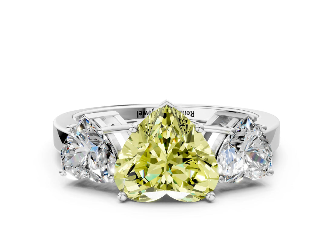 White gold Three-Stone Fancy Yellow Heart Cut Cut Diamond Engagement Ring with Flat Band and Four-Prong Setting_13