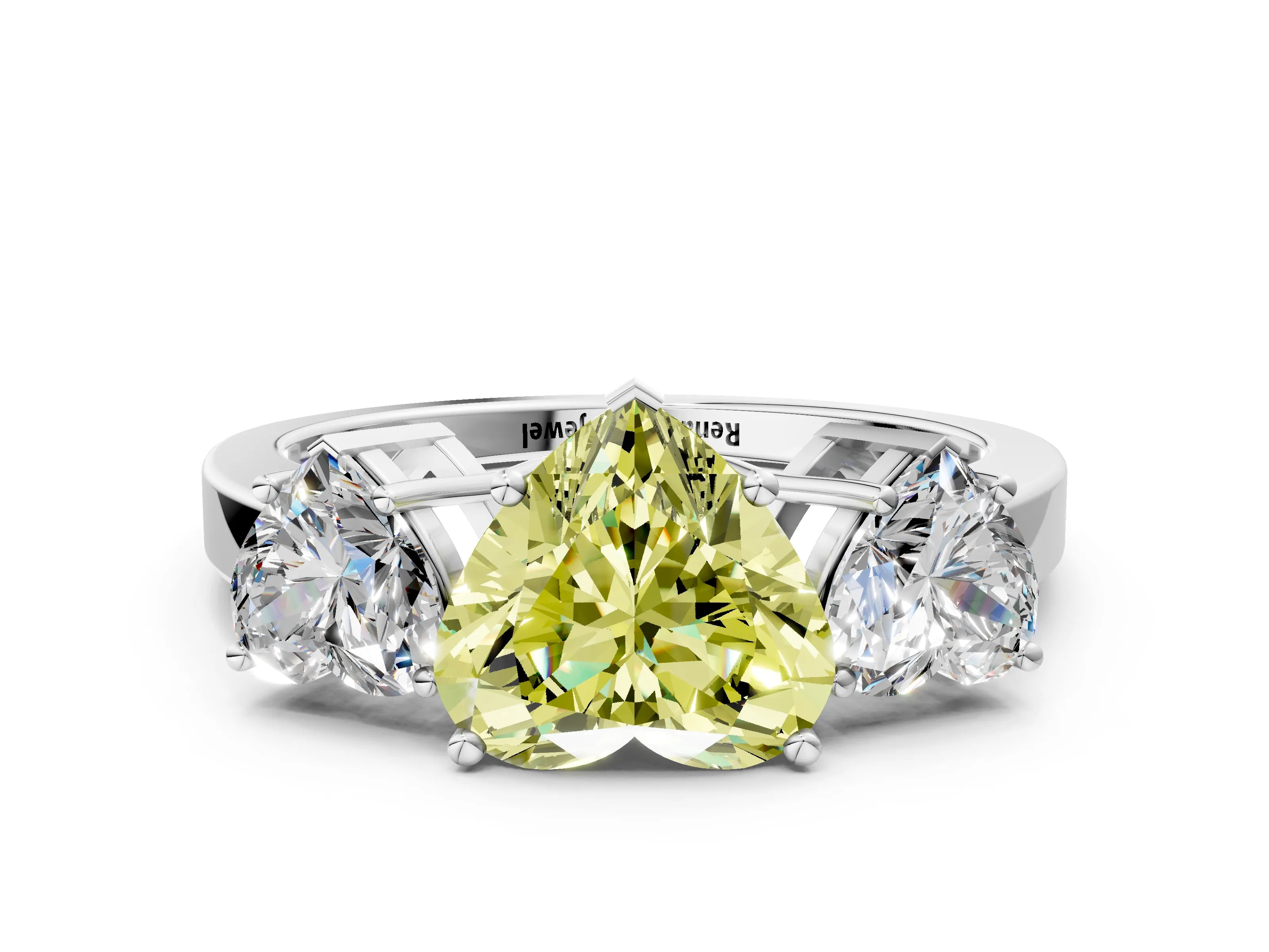 White gold Three-Stone Fancy Yellow Heart Cut Cut Diamond Engagement Ring with Flat Band and Four-Prong Setting