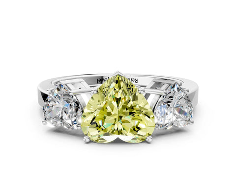 White gold Three-Stone Fancy Yellow Heart Cut Cut Diamond Engagement Ring with Flat Band and Four-Prong Setting