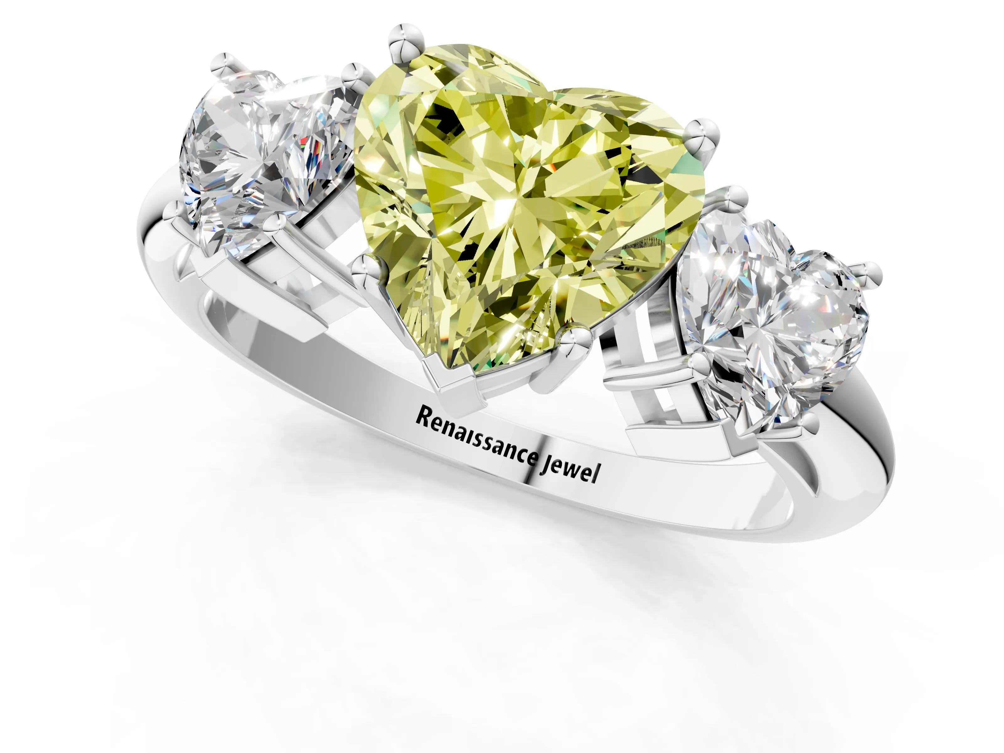 White gold Three-Stone Fancy Yellow Heart Cut Cut Diamond Engagement Ring with Prong Setting on a White Gold Band_13