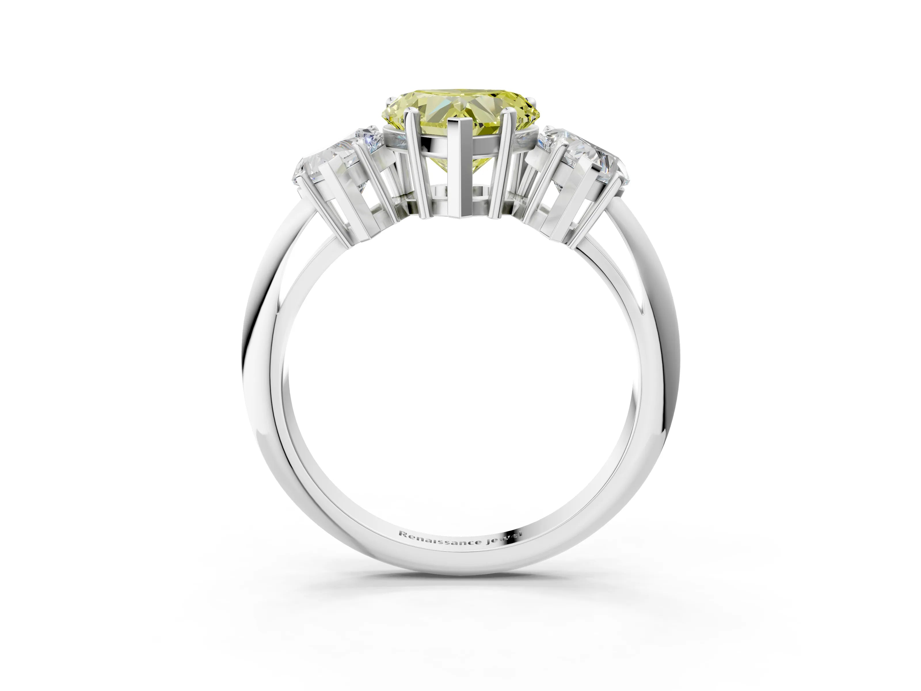 White gold Three-Stone Fancy Yellow Heart Cut Cut Diamond Engagement Ring with Prong Setting on a White Gold Band_15