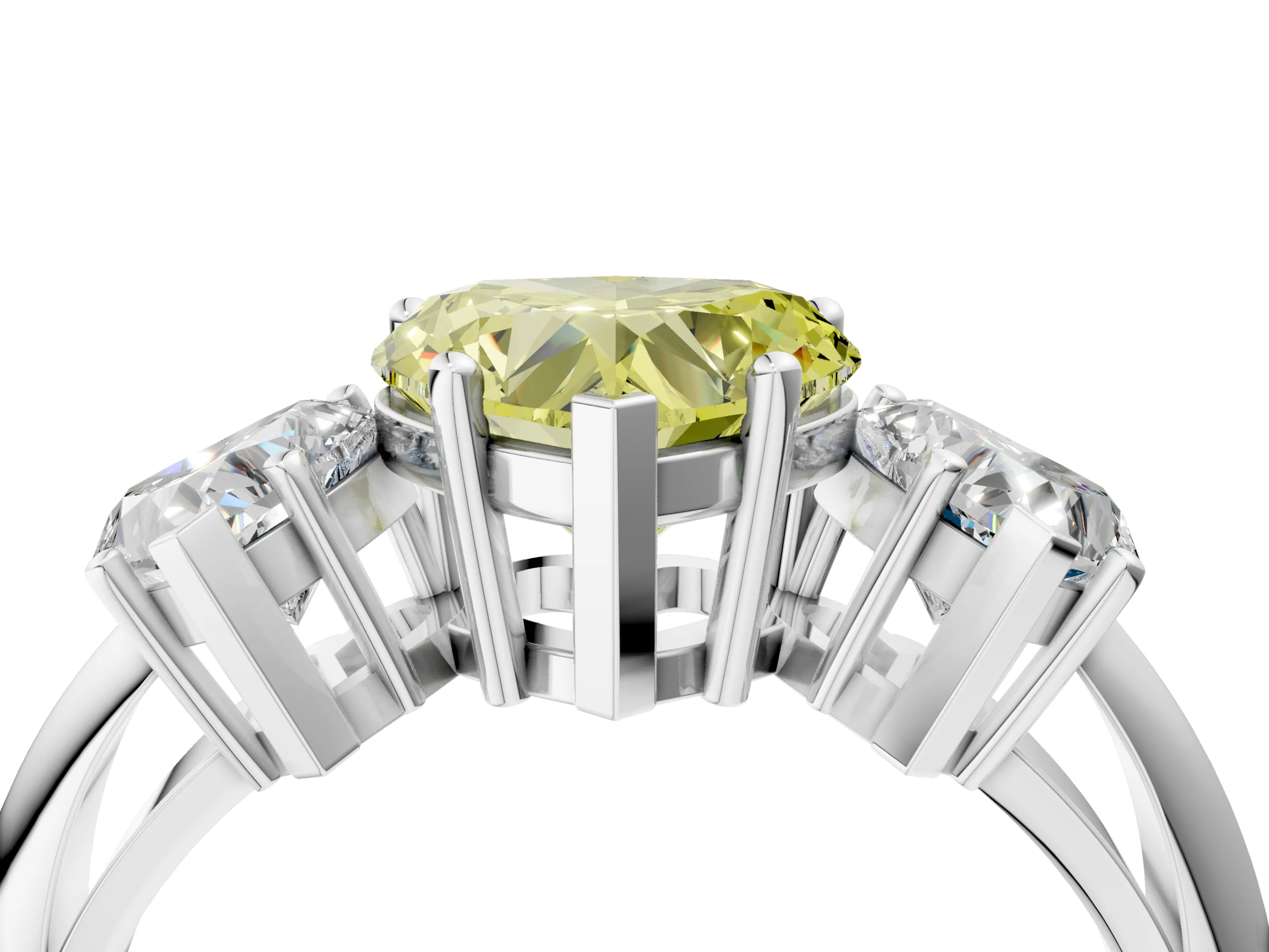 White gold Three-Stone Fancy Yellow Heart Cut Cut Diamond Engagement Ring with Prong Setting on a White Gold Band_16