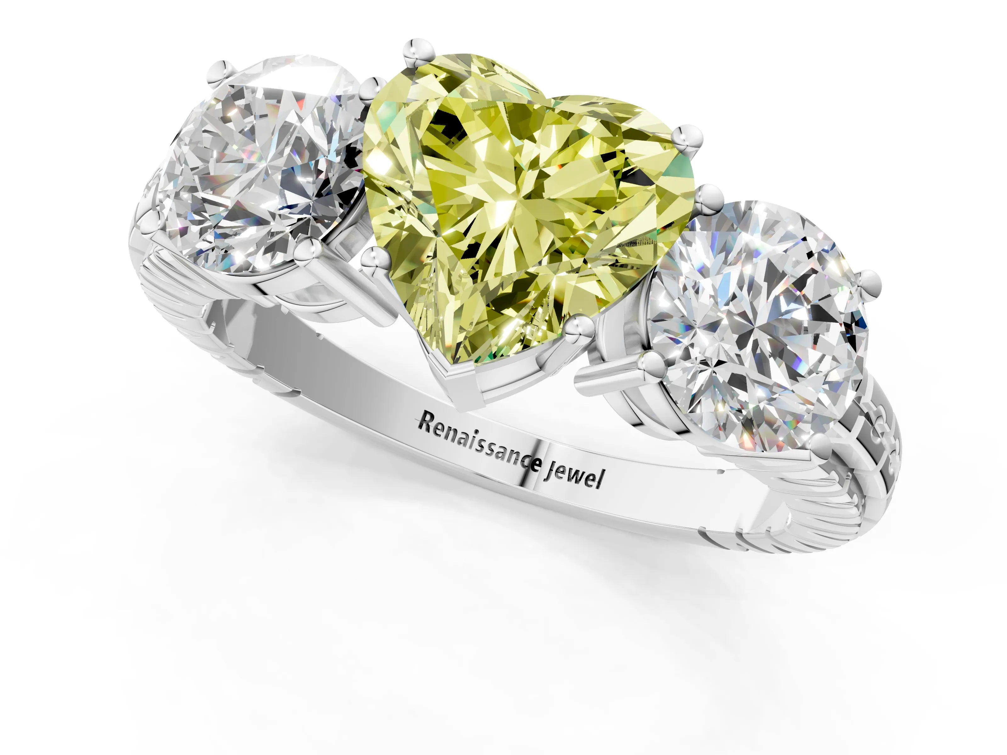 White gold Three-Stone Fancy Yellow Heart Cut Cut Diamond Ring with Channel-Set Band and Prong Setting_1