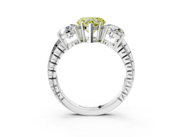Platinum Heart-Shaped Three-Stone Engagement Ring Setting for Fancy Yellow Center with Engraved Band