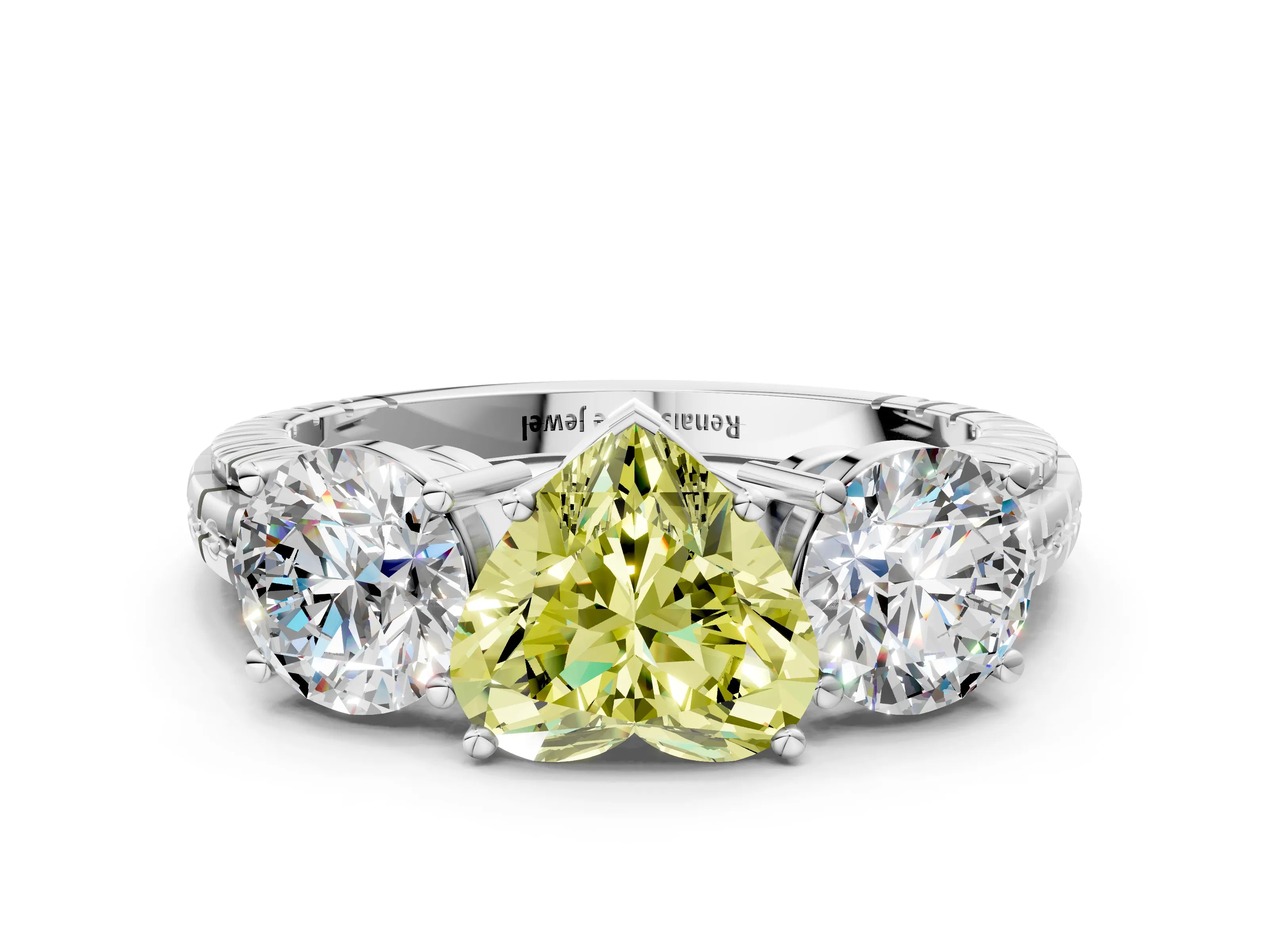 White gold Three-Stone Fancy Yellow Heart Cut Cut Diamond Ring with Channel-Set Band and Prong Setting