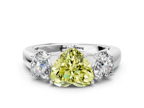 White gold Three-Stone Fancy Yellow Heart Cut Cut Diamond Ring with Prong Setting and Classic Band