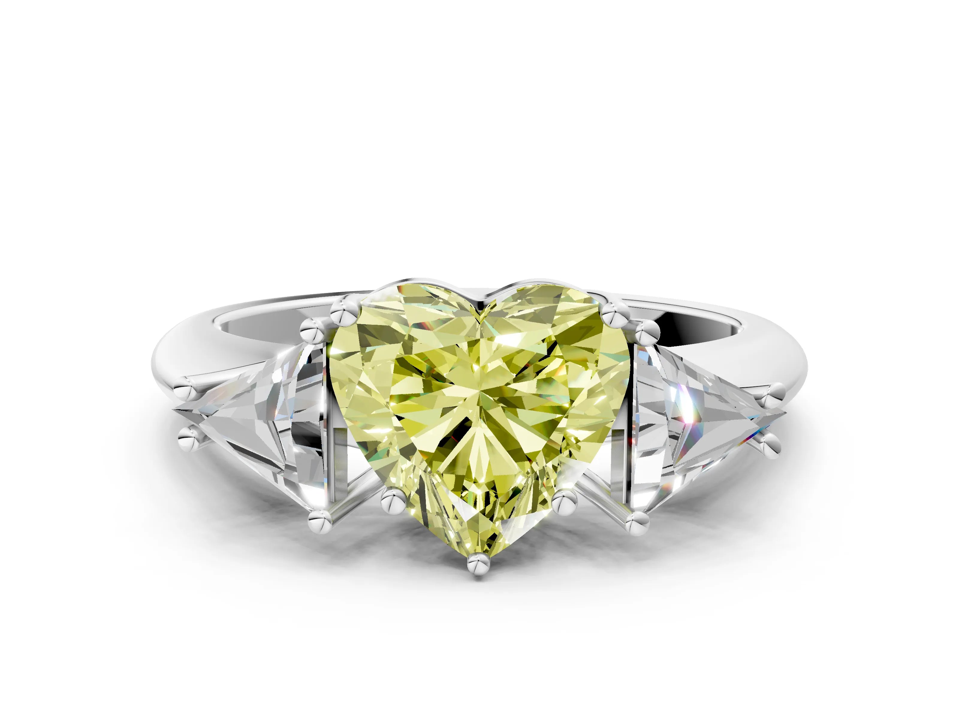 White gold Three-Stone Fancy Yellow Heart Cut Cut Diamond Ring with Trillion Side Stones and Four-Prong Setting_11