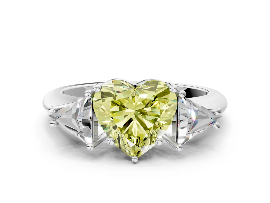 White gold Three-Stone Fancy Yellow Heart Cut Cut Diamond Ring with Trillion Side Stones and Four-Prong Setting_11