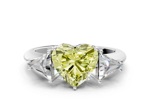 White gold Three-Stone Fancy Yellow Heart Cut Cut Diamond Ring with Trillion Side Stones and Four-Prong Setting_11