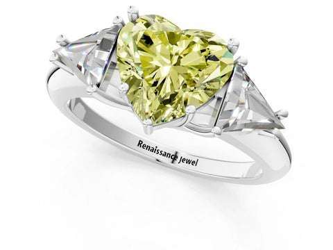 White gold Three-Stone Fancy Yellow Heart Cut Cut Diamond Ring with Trillion Side Stones and Four-Prong Setting_12