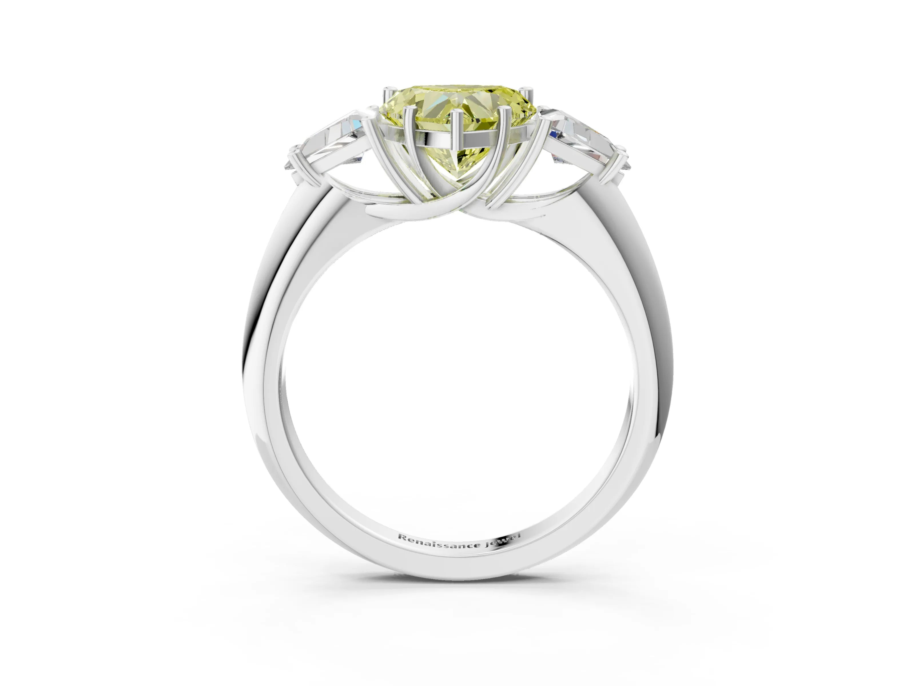 White gold Three-Stone Fancy Yellow Heart Cut Cut Diamond Ring with Trillion Side Stones and Four-Prong Setting_14
