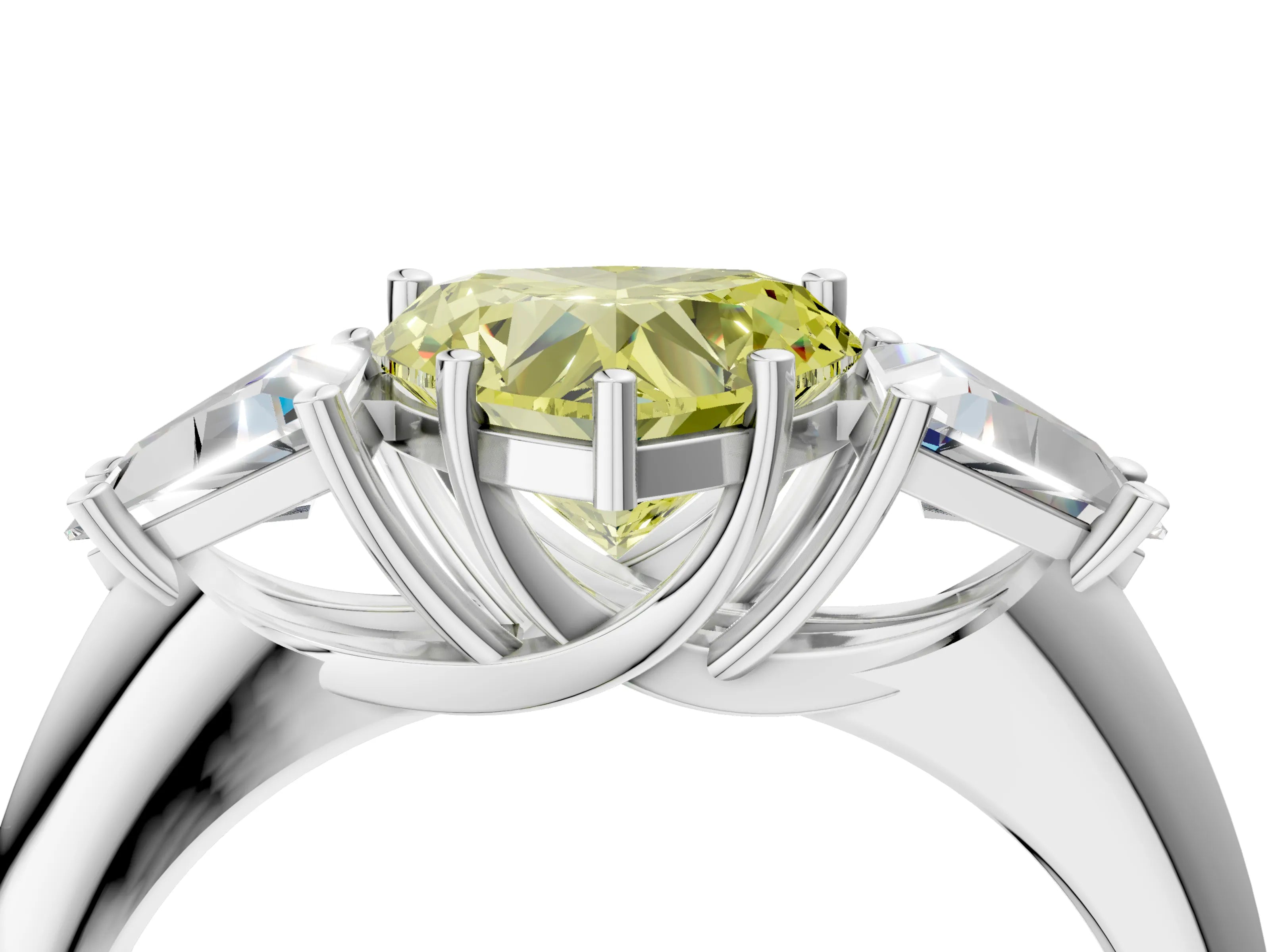 White gold Three-Stone Fancy Yellow Heart Cut Cut Diamond Ring with Trillion Side Stones and Four-Prong Setting_15