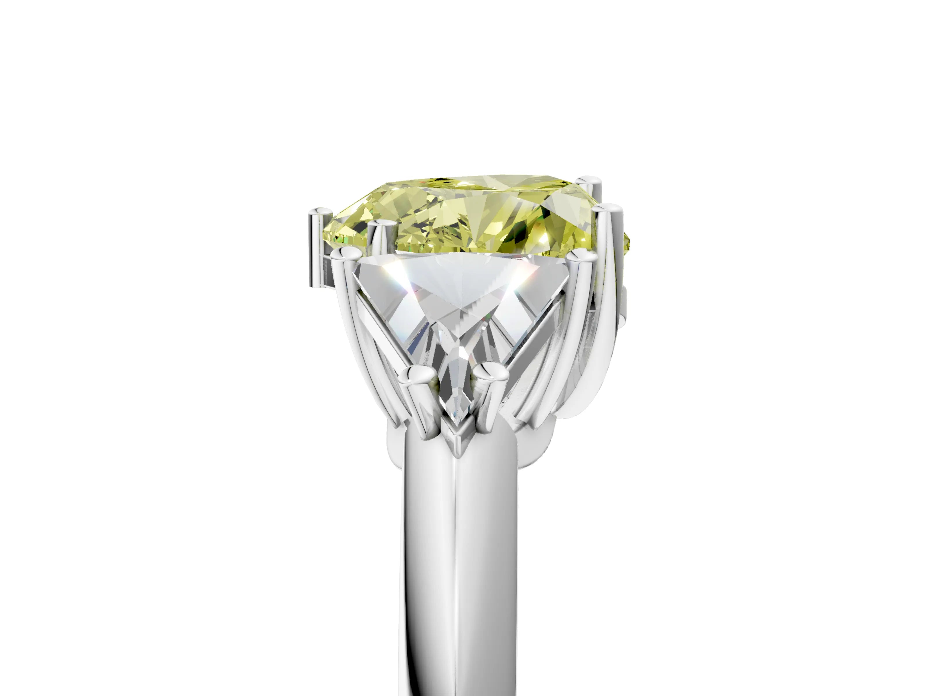 White gold Three-Stone Fancy Yellow Heart Cut Cut Diamond Ring with Trillion Side Stones and Four-Prong Setting_16