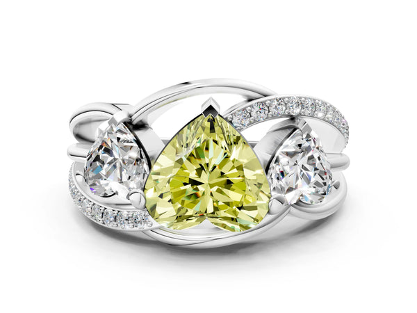 Platinum Heart-Shaped Three Stone Split Shank Engagement Ring Setting for Fancy Yellow Center
