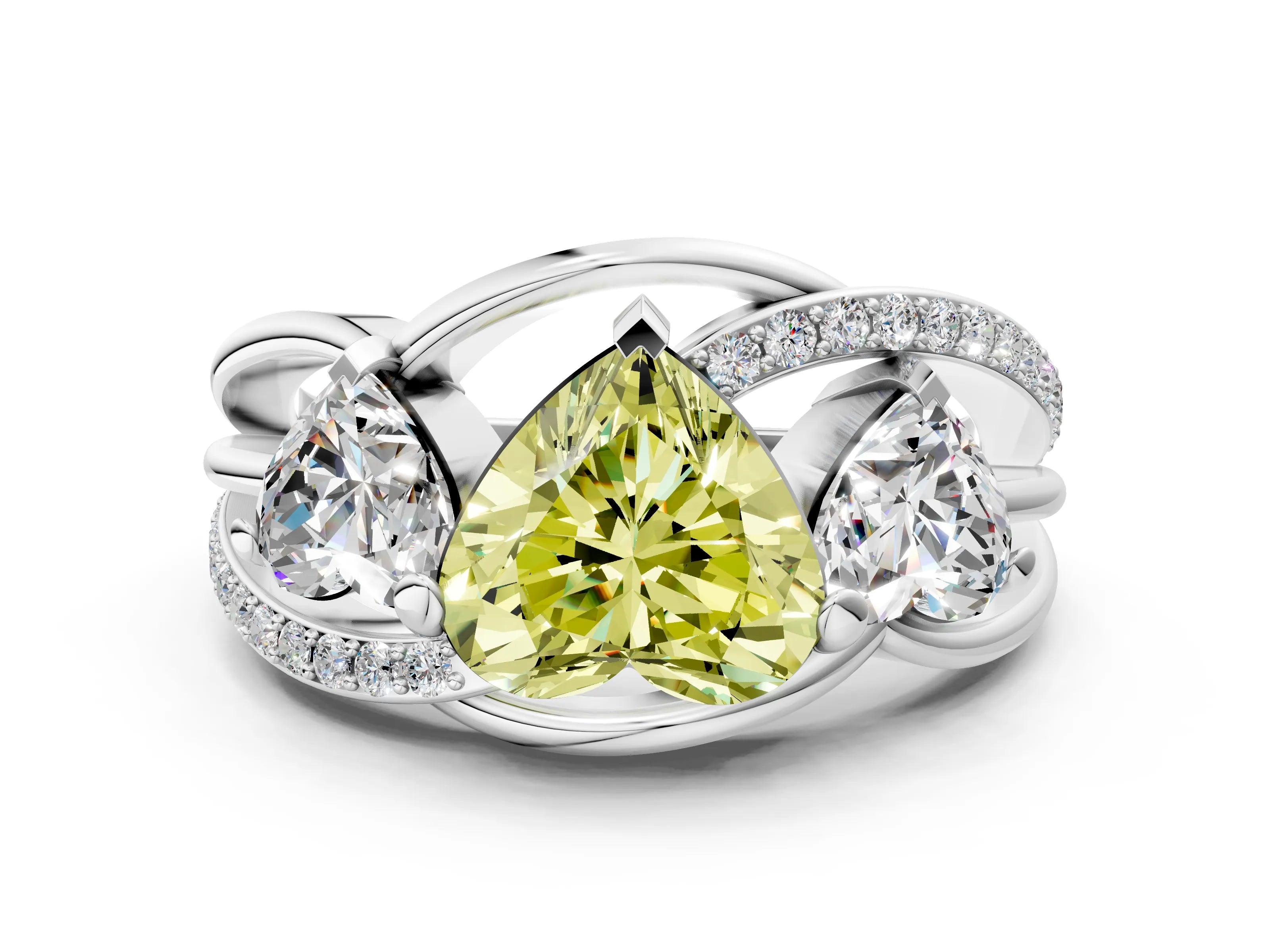 White gold Three-Stone Fancy Yellow Heart Cut Cut Diamond Split Shank Prong Set Ring_12