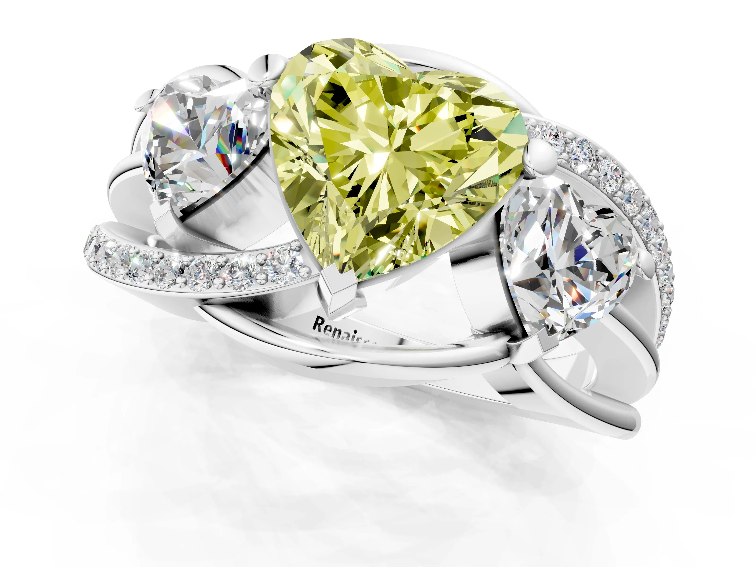 White gold Three-Stone Fancy Yellow Heart Cut Cut Diamond Split Shank Prong Set Ring_13