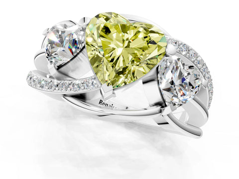 White gold Three-Stone Fancy Yellow Heart Cut Cut Diamond Split Shank Prong Set Ring_13