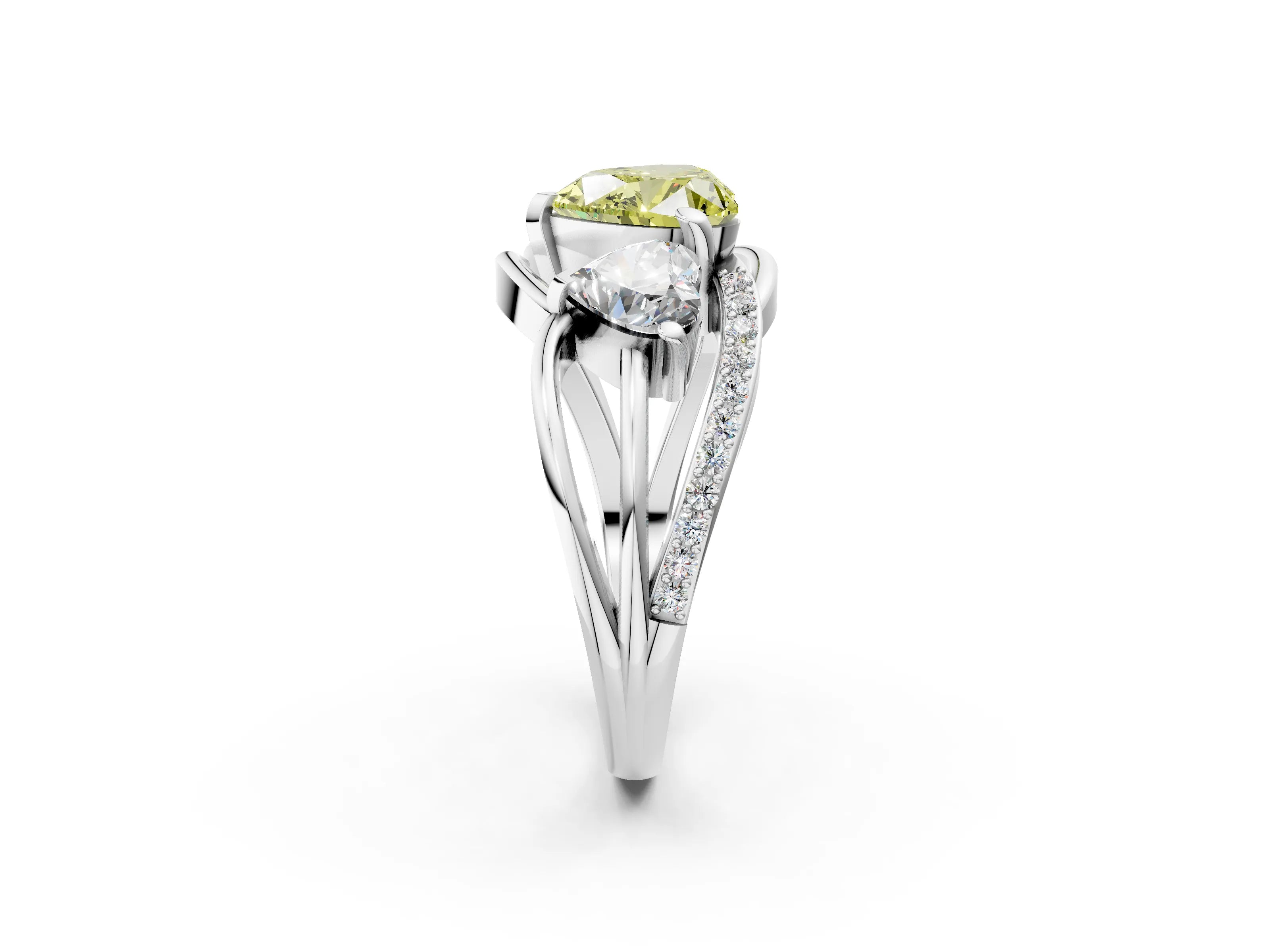 White gold Three-Stone Fancy Yellow Heart Cut Cut Diamond Split Shank Prong Set Ring_14