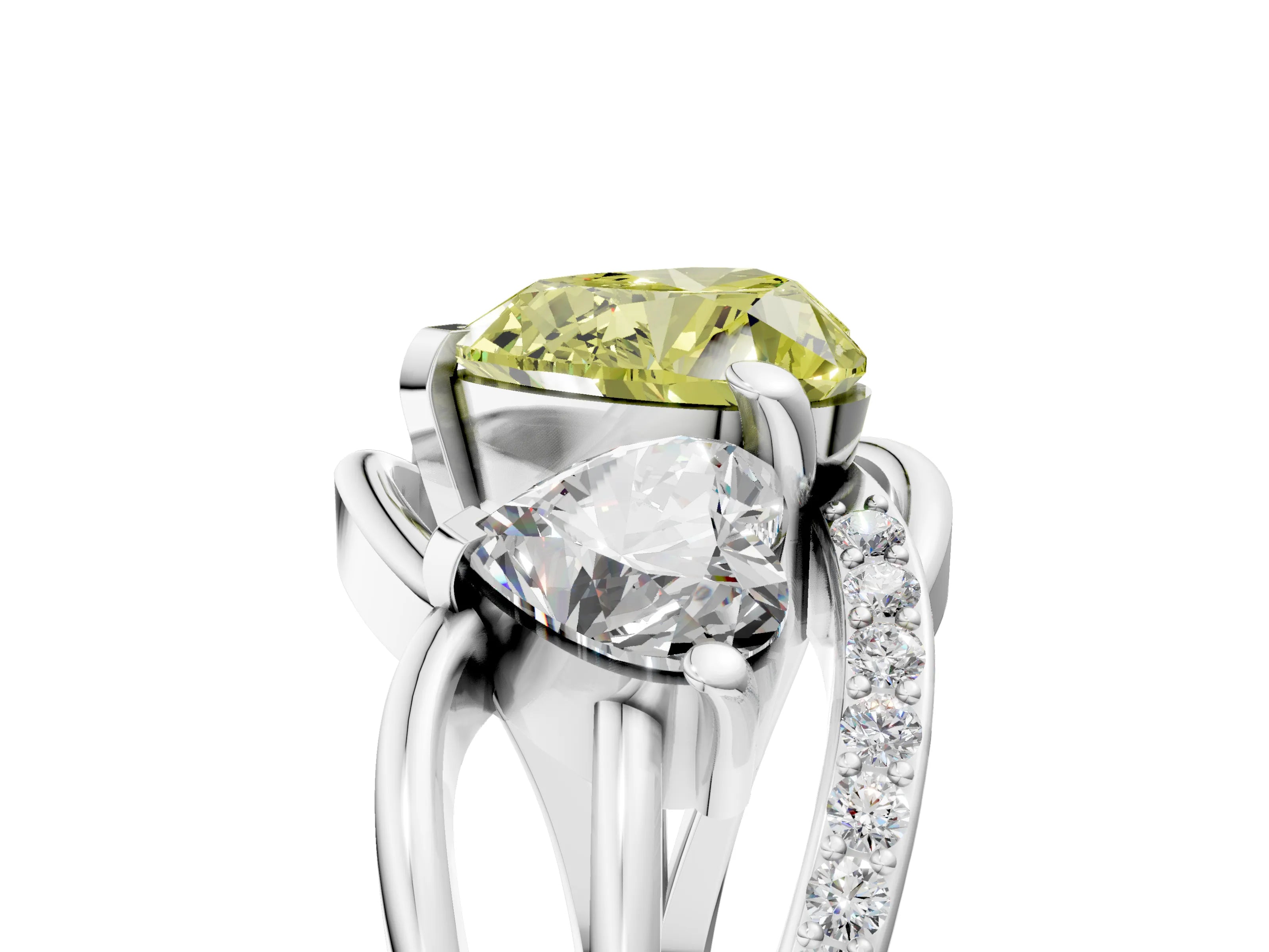 White gold Three-Stone Fancy Yellow Heart Cut Cut Diamond Split Shank Prong Set Ring_17