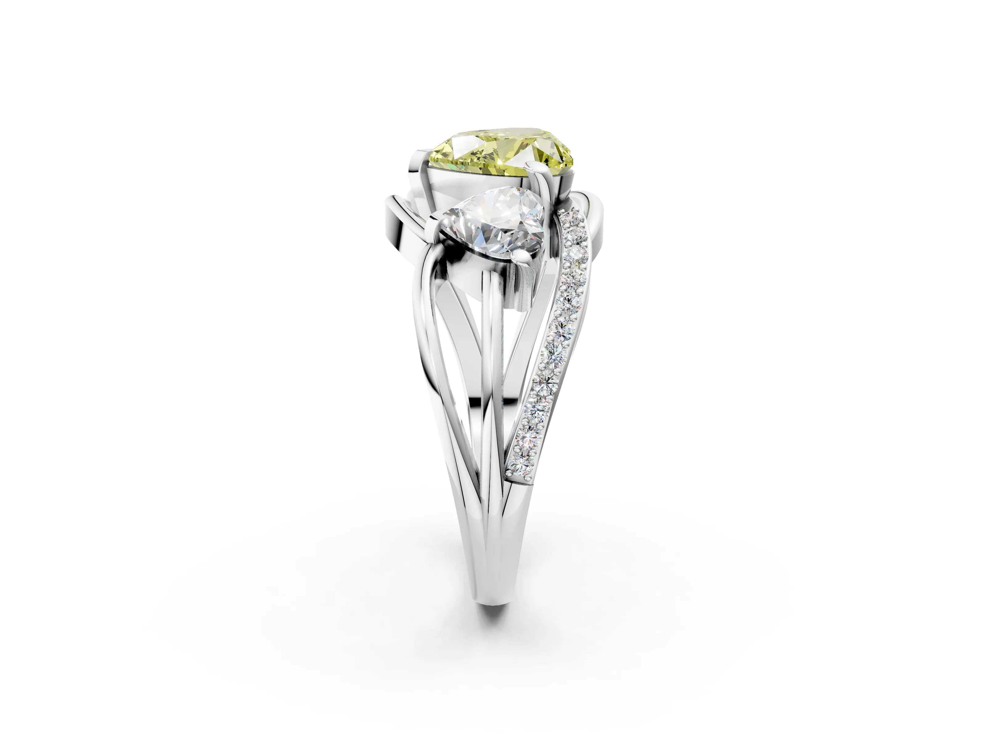 White gold Three-Stone Fancy Yellow Heart Cut Cut Diamond Split Shank Prong Set Ring_2