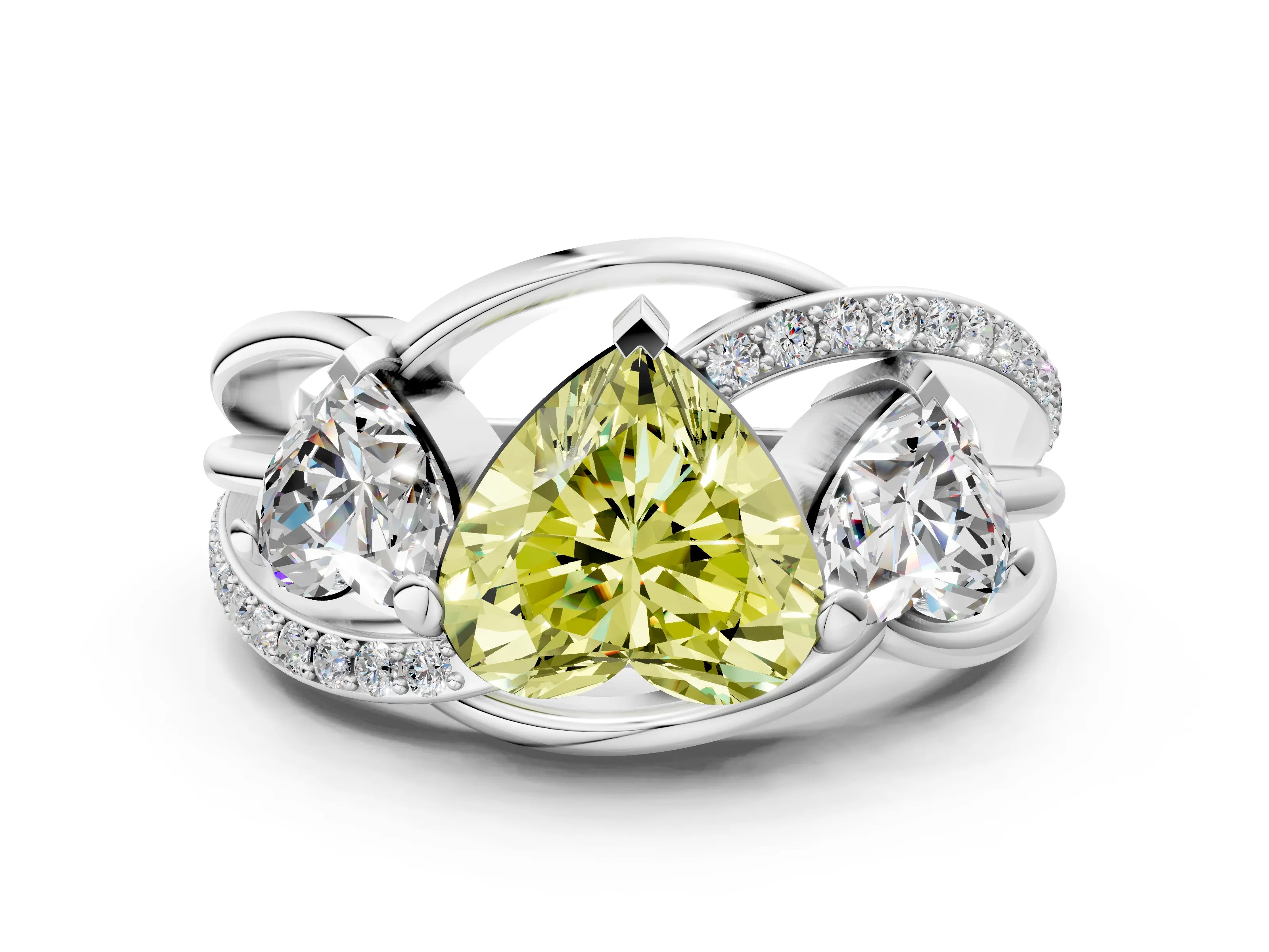 White gold Three-Stone Fancy Yellow Heart Cut Cut Diamond Split Shank Prong Set Ring