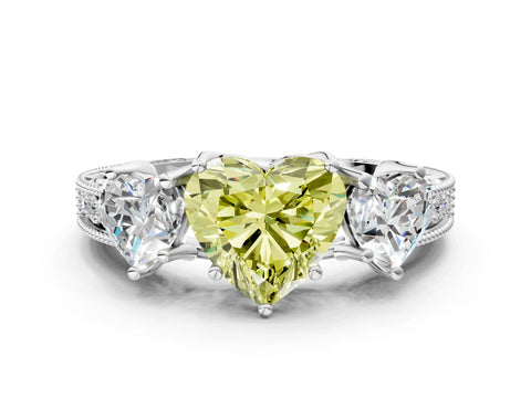 White gold Three-Stone Fancy Yellow Heart Cut Cut Milgrain Pavé Engagement Ring_12