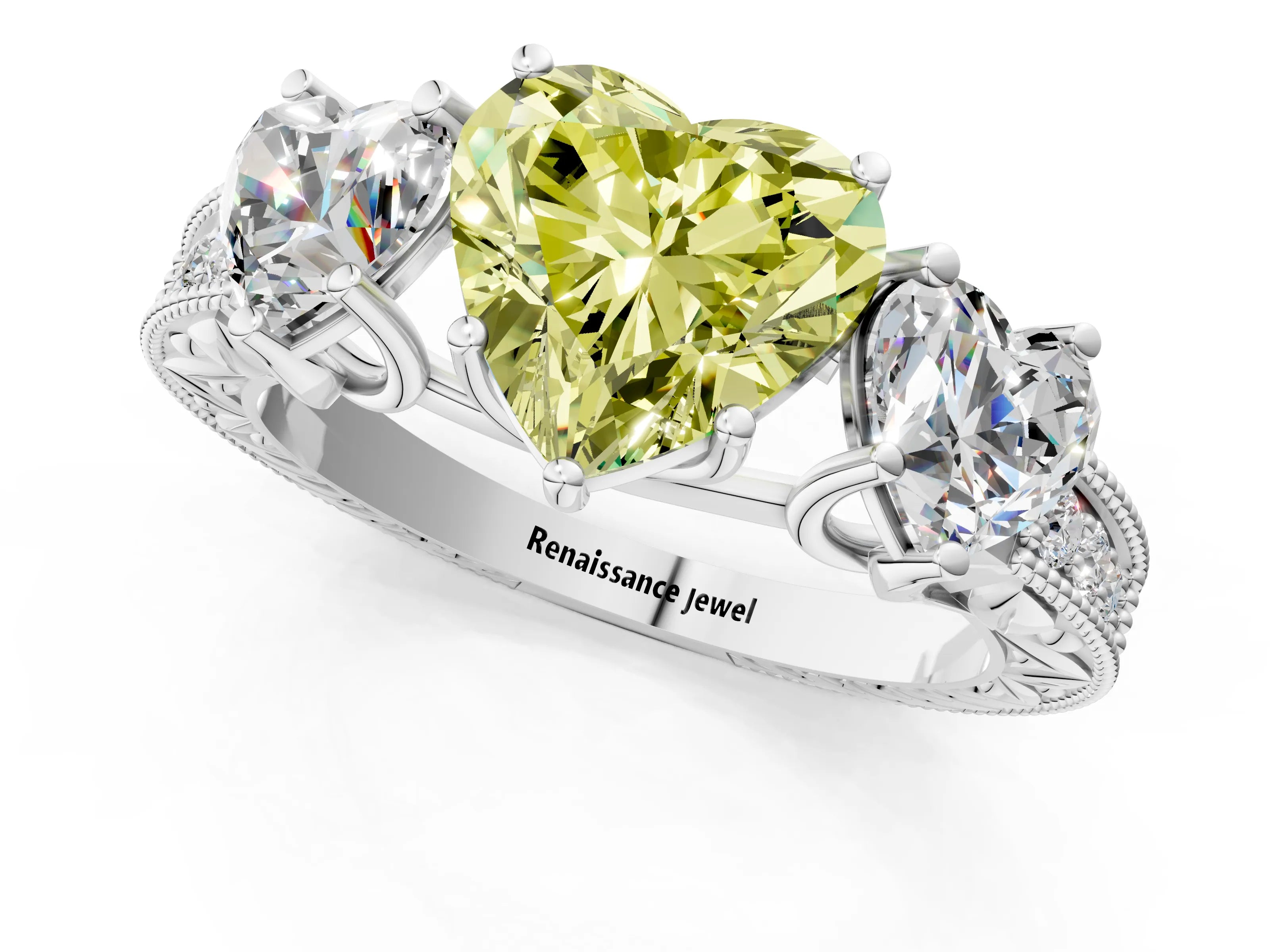 White gold Three-Stone Fancy Yellow Heart Cut Cut Milgrain Pavé Engagement Ring_13