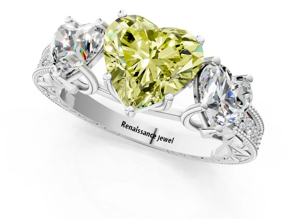 White gold Three-Stone Fancy Yellow Heart Cut Cut Milgrain Pavé Engagement Ring