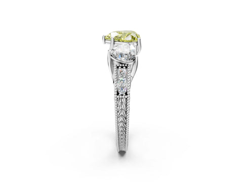 White gold Three-Stone Fancy Yellow Heart Cut Cut Milgrain Pavé Engagement Ring_14