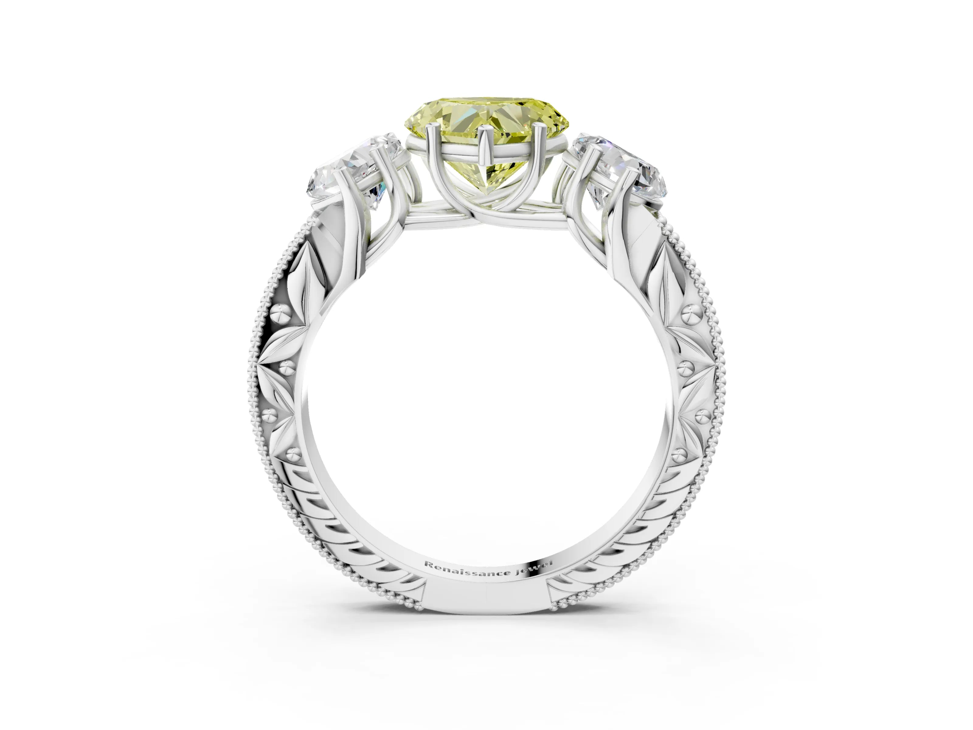 White gold Three-Stone Fancy Yellow Heart Cut Cut Milgrain Pavé Engagement Ring_15