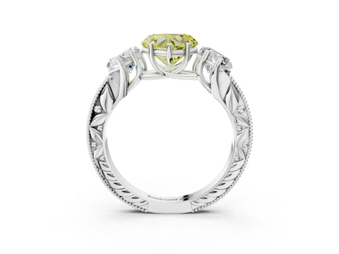 White gold Three-Stone Fancy Yellow Heart Cut Cut Milgrain Pavé Engagement Ring_15