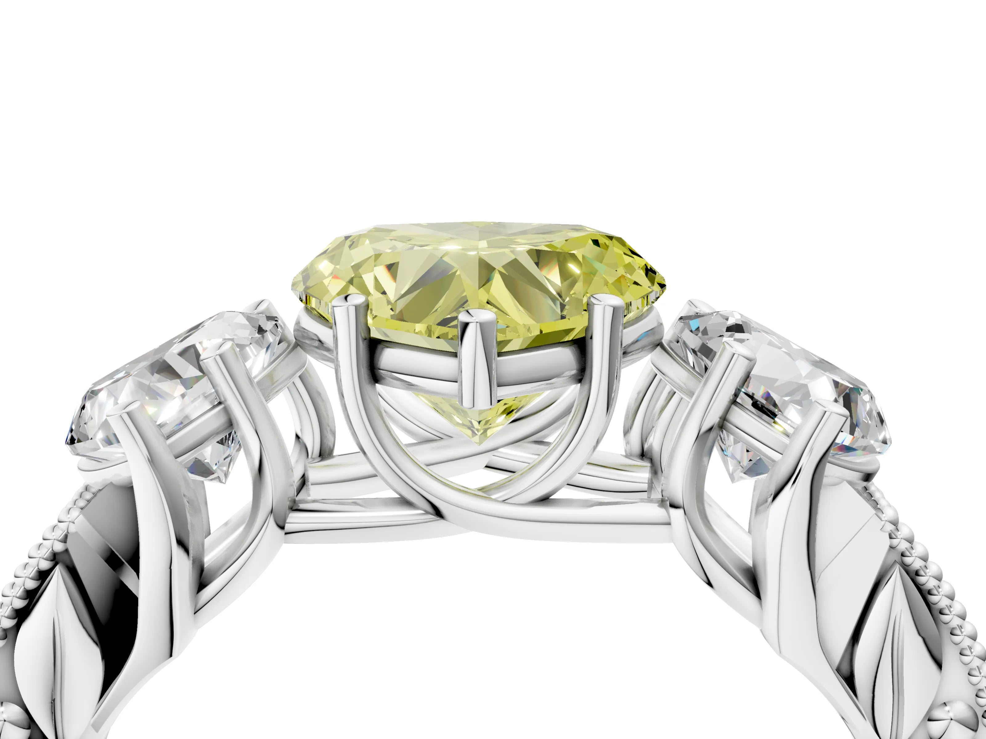 White gold Three-Stone Fancy Yellow Heart Cut Cut Milgrain Pavé Engagement Ring_16