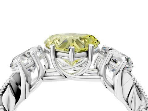 White gold Three-Stone Fancy Yellow Heart Cut Cut Milgrain Pavé Engagement Ring_16