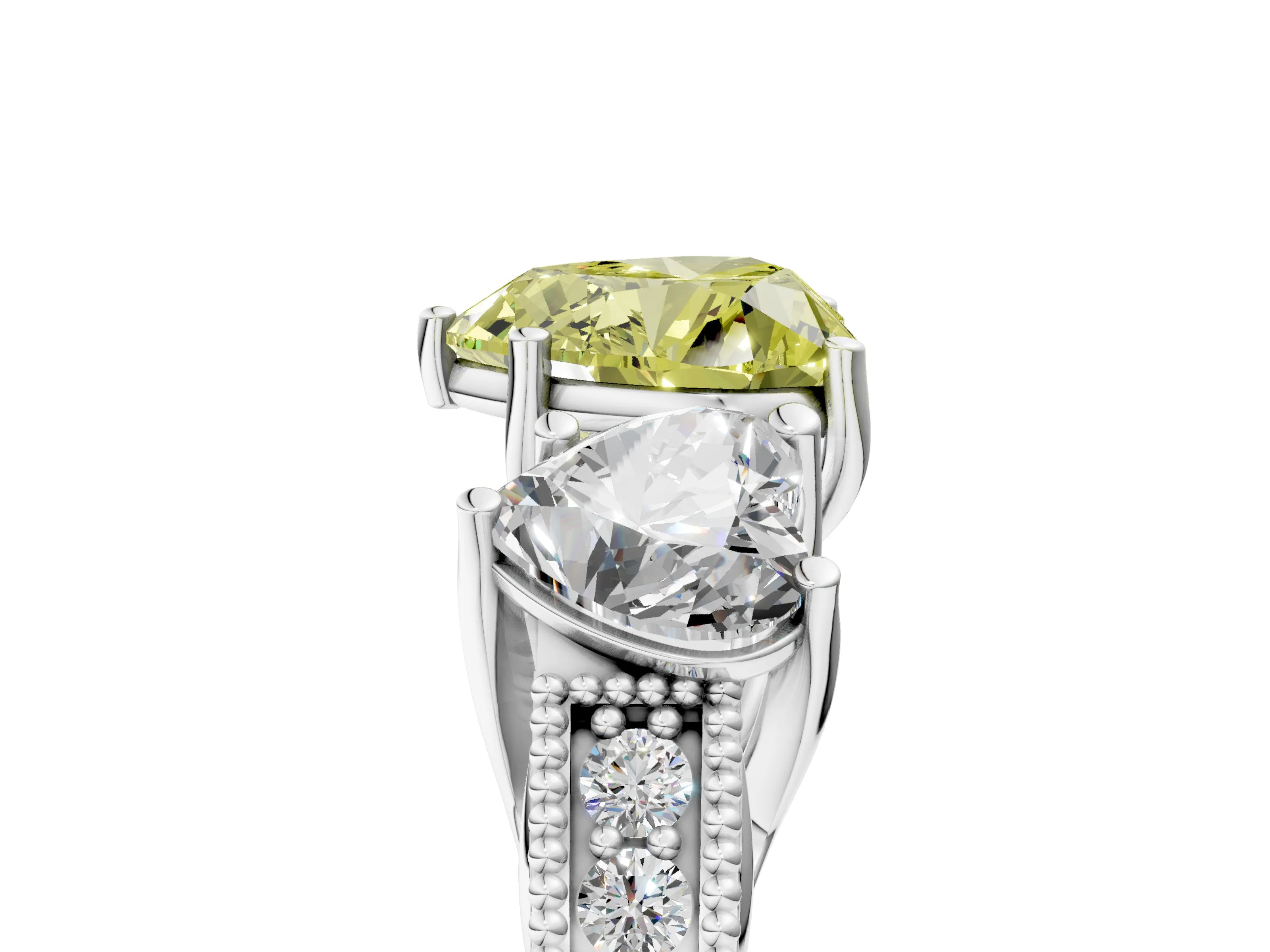 White gold Three-Stone Fancy Yellow Heart Cut Cut Milgrain Pavé Engagement Ring_17