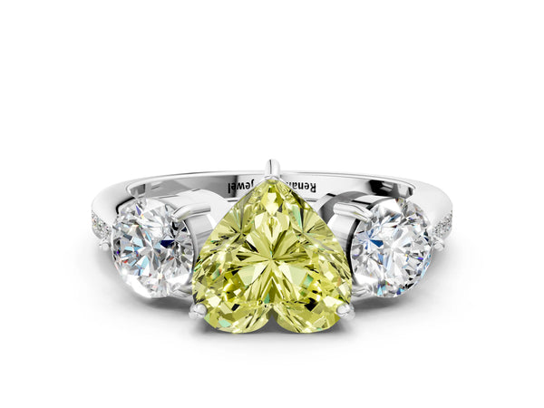Platinum Three-Stone Fancy Yellow Heart Cut Diamond Channel Set Engagement Ring with Prong Setting