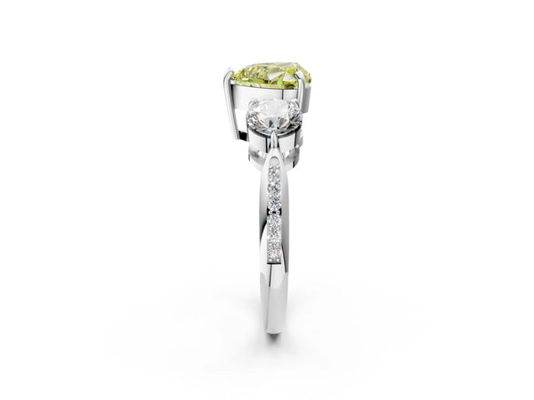 Platinum Three-Stone Fancy Yellow Heart Cut Diamond Channel Set Engagement Ring with Prong Setting